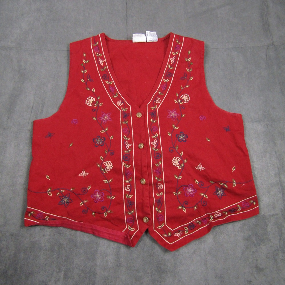 Bobbie Brooks Vest Women L Red Floral Embroidered Cotton Button Front Cinch Back